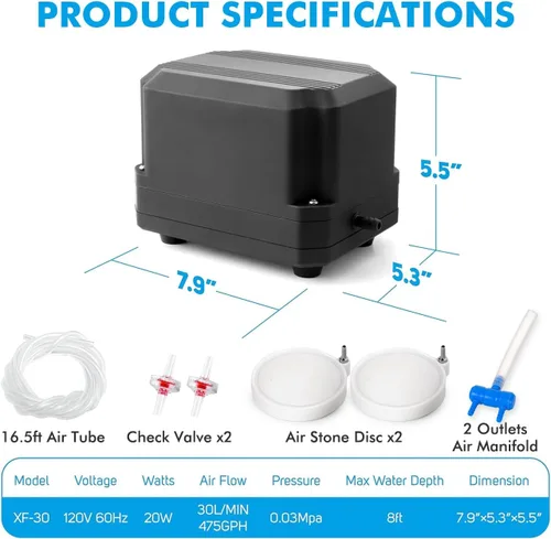 Vista 3 de PONDFORSE Bomba de aire silenciosa 475GPH 30L/MIN 20W 2 salidas de flujo de aire ajustable para acuarios, peceras, sistemas hidropónicos