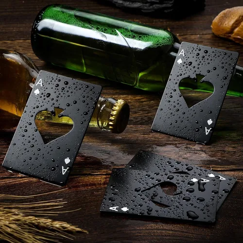 Vista 2 de Abridor de botellas de acero inoxidable para tarjetas de póquer, abrebotellas de cerveza, abrebotellas de cartas, abrebotellas de póquer, para Negro