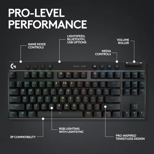 Vista 5 de Logitech G PRO X TKL Teclado inalámbrico Lightspeed para juegos, diseño ultraportátil sin teclas, LIGHTSYNC RGB, teclas PBT, interruptores táctiles
