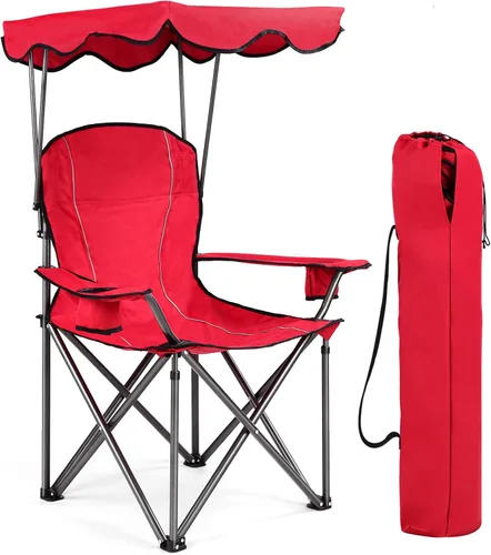 WATERJOY Sillas de camping portátiles de 24 pulgadas con soporte para tazas, silla de playa plegable con toldo de sombra Rojo