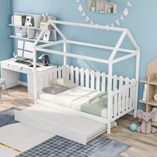 Vista 3 de Harper Bright Designs Base de cama individual cama de casa de madera maciza para niños marco de cama para niños cama infantil no necesita somier