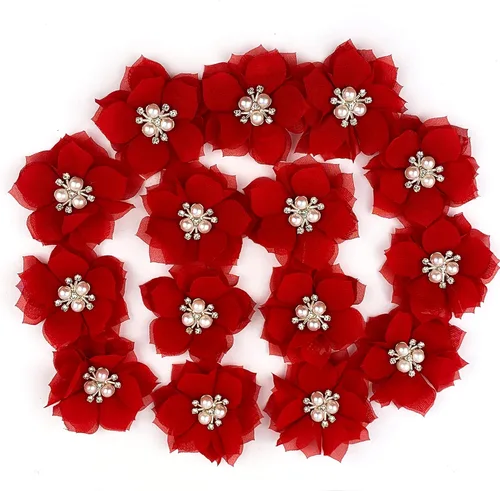 Heyiwell 15 lazos de flores de tela de gasa, cuentas de diamantes de imitación, centro de racimo para bricolaje, clip para el cabello, apliques de