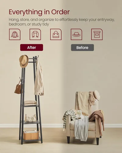 Vista 5 de VASAGLE Perchero con 3 estantes, árbol de pasillo independiente con ganchos para bufandas, bolsos, paraguas, marco de acero, estilo industrial