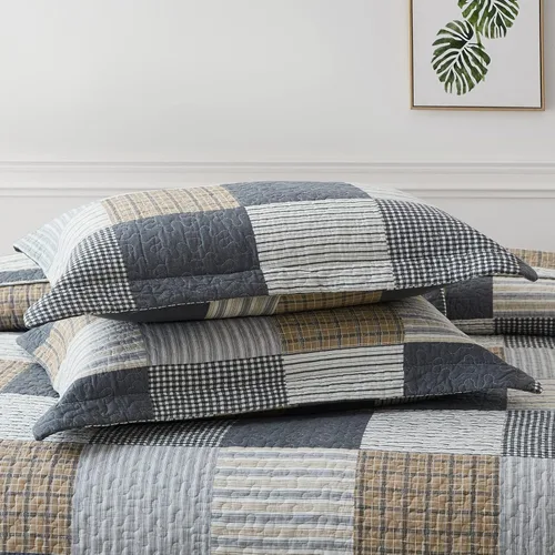 Vista 7 de Edredón de tamaño King, 100% algodón, edredón de tamaño King, color gris marrón, de retazos, ligero, reversible, para todas las estaciones, 3 piezas