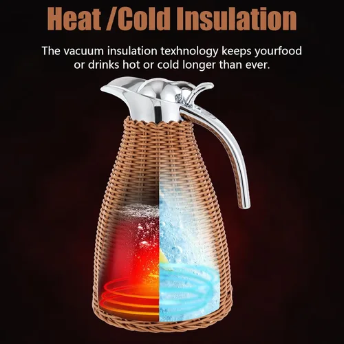 Vista 7 de Jarra térmica de café de acero inoxidable, 50 onzas/1.5 L de ratán tejido, jarra de café aislada de doble pared, aislamiento al vacío, retención