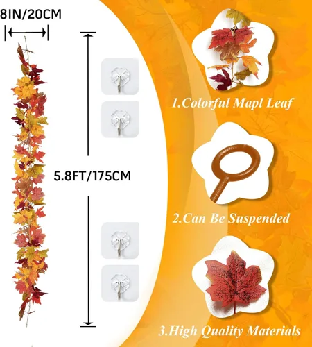 Vista 2 de Paquete de 2 guirnaldas de hojas de arce de otoño, decoración de hojas artificiales de 5.8 pies para árbol de otoño, manto, mesa, dormitorio
