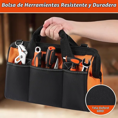 Vista 6 de Bolsa de herramientas de 13 pulgadas, organizador de herramientas de boca ancha para almacenamiento de herramientas, resistente y resistente al