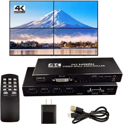 Controlador de pared de video, 4K x 2K HD sin costuras Procesador profesional con entrada HDMI+DVI+RS232, salida HDMI de 4 vías y SPDIF Pantalla de