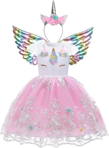 Vista 2 de Jxstar Disfraz de unicornio para niñas, vestidos de princesa de concurso de flores, 2 piezas de accesorios