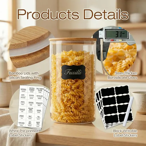 Vista 4 de 32oz - Juego de 4 frascos de vidrio con tapas de bambú, recipientes de almacenamiento de vidrio para despensa con tapas herméticas, botes redondos