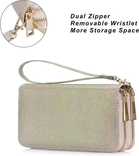 Vista 3 de HAWEE - Cartera para teléfono celular, con dos cierres y correa larga extraíble para la muñeca, para mujer