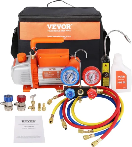 Vista 12 de VEVOR Juego de bomba de vacío y medidor de CA de 3.5 CFM, bomba de vacío de aire HVAC de paleta rotativa de una etapa, kit de manómetro refrigerante