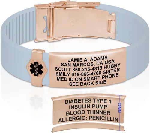 Vista 170 de Divoti Pulsera de identificación de alerta médica grabada personalizada, grabado láser de doble cara (hasta 9 líneas), pulsera de silicona ajustable