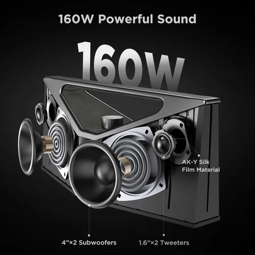 Vista 5 de BUGANI Altavoz Bluetooth de audio de alta resolución, 160 W, altavoz Bluetooth portátil grande con subwoofer de graves profundos, estéreo Dorado