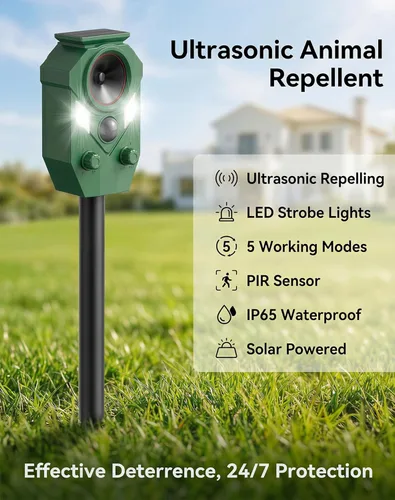 Vista 2 de 4 Pack Solar Deer Repellent Devices with Motion Sensor & Strobe Lights, Ultrasonic Cat Repellent Outdoor, Waterproof Animal Deterrent Repels Dog