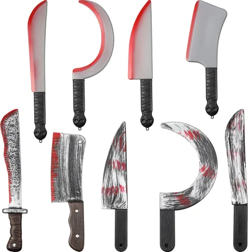 Vinsot Juego de 9 cuchillos de Halloween de plástico, cuchillo de carnicero, machete, cuchillo slasher, accesorio de disfraz, cuchillo de sangrado