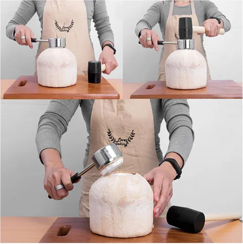 Vista 5 de Kit de herramientas de abridor de coco - Abridor de gato de coco de acero inoxidable con mazo de goma