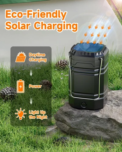 Vista 3 de Paquete de 4 faroles solares para campamento, linterna LED recargable con linterna, USB-C y funciona con energía solar, luces de emergencia