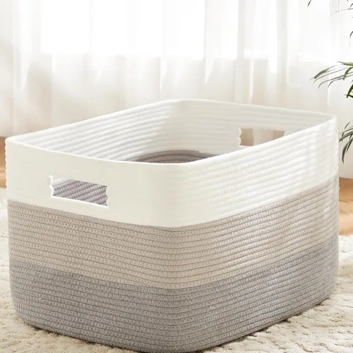 Vista 8 de Cesta de manta rectangular, cestas tejidas para almacenamiento, cesta de lavandería de 30L para decoración de guardería, cesta para mantas