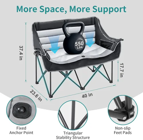 Vista 3 de Slsy Silla de camping doble de gran tamaño, silla de camping plegable para 2 personas, sofá biplaza, silla doble totalmente acolchada, silla