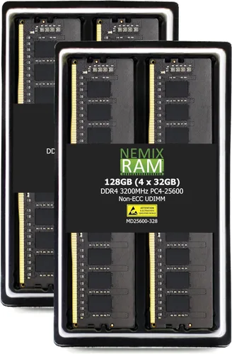 NEMIX RAM Kit de memoria UDIMM de escritorio UDIMM de 128 GB (4 x 32 GB) DDR4 3200 MHz PC4-25600 2Rx8 1.2V CL22 288-PIN sin ECC sin búfer