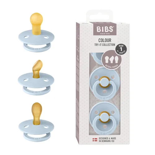 BIBS Chupetes de 0 a 6 meses, paquete de 3 chupetes | Pezón simétrico sin BPA | Fabricado en Dinamarca | Colección Try-It marfil (azul bebé)