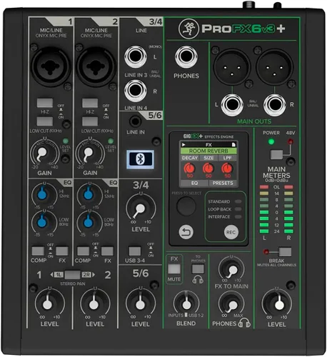 Vista 2 de Mackie ProFX6v3+ Mezclador analógico profesional de 6 canales con USB, preamplificadores de micrófono Onyx, motor de efectos GigFX y Bluetooth