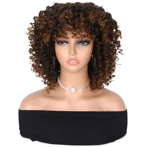 Vista 2 de Peluca afro rizada con flequillo, peluca corta rizada para mujer, peluca sintética rizada marrón degradado, longitud al hombro, peluca afro sin