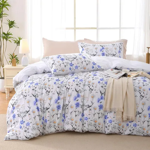 Vista 51 de MUXHOMO - Funda de edredón tamaño Queen, juego de funda de edredón reversible floral gris con cierre de cremallera, 3 piezas, juego de ropa de cama