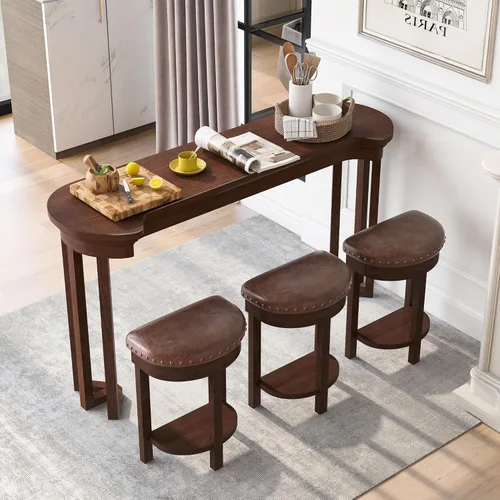 Vista 17 de Juego de mesa de comedor de 3 piezas con altura de mostrador, juego de comedor de madera maciza con 2 taburetes tapizados, mesa de comedor