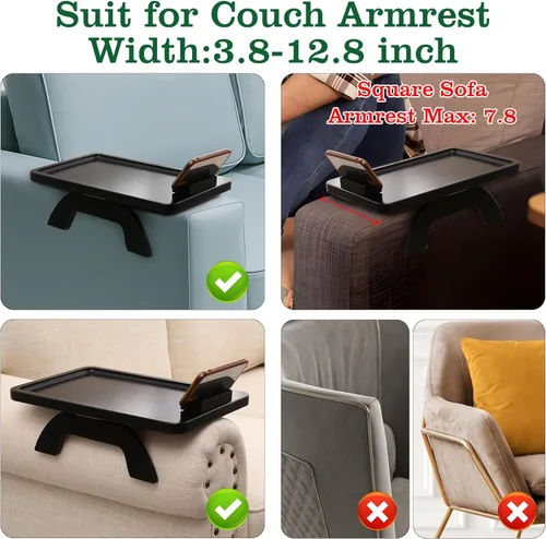 Vista 21 de Mesa de brazo para sofá, mesa de bambú para sofá con soporte para teléfono, mesas con reposabrazos con clip para mesa de reposabrazos, bandeja