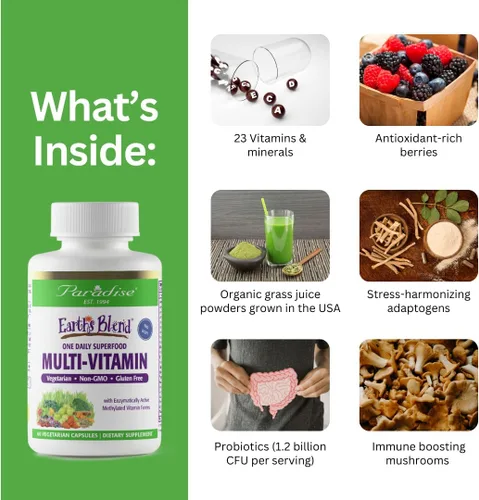 Vista 3 de Paradise Herbs Earth's Blend Once Daily Multivitamínico con hierro, 48 superalimentos orgánicos, probióticos, antioxidantes, vitaminas A, B12, C, D
