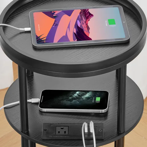 Vista 9 de Mesa auxiliar redonda pequeña con estación de carga para espacios pequeños, mesa decorativa de 3 niveles con puertos USB y tomas de corriente, mesa