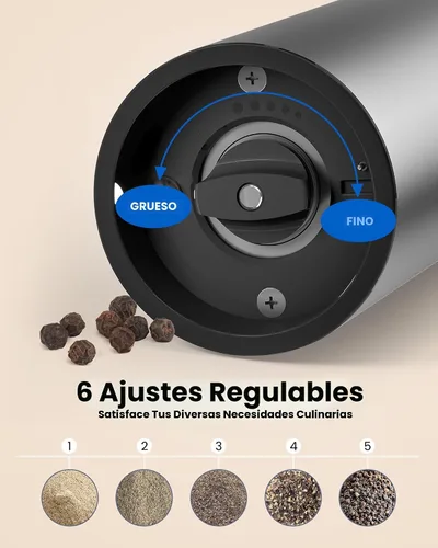 Vista 7 de Juego de molinillo eléctrico recargable de sal y pimienta con base de carga USB-C, salero automático de acero inoxidable y pimienta, luz LED