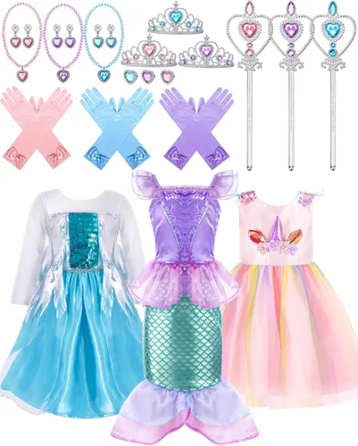 Toulite Juego de 3 disfraces de princesa, disfraz de princesa, disfraz de unicornio, disfraz de sirena, vestido de princesa con accesorios para