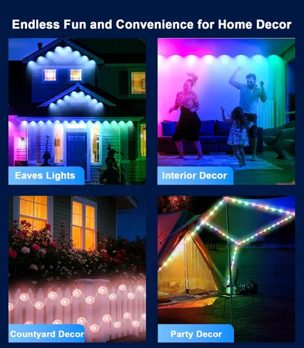 Vista 7 de Luces permanentes para exteriores de 100 pies para casa, RGB LED impermeables, luces de alero inteligentes para exteriores con control remoto