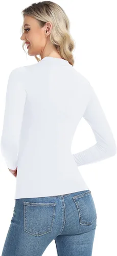Vista 3 de Camiseta térmica básica de manga larga para mujer, ligera, con cuello alto falso, ajustada, capa suave