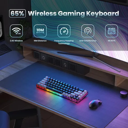 Vista 2 de Teclado inalámbrico 65% para juegos, teclado retroiluminado recargable, 68 teclas, ultra compacto, anti-fantasma, sin conflictos, teclado