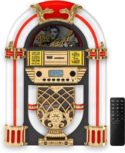 Vista 2 de Arkrocket x Elvis Presley Mini Jukebox/Reproductor de CD de Mesa/Altavoz Bluetooth/Radio/Reproductor de USB y Tarjeta SD con Sistema de Iluminación