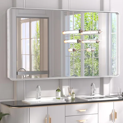 Vista 47 de TETOTE Espejo de marco dorado cepillado de 16 x 24 pulgadas, espejo de tocador de baño de latón dorado para pared, espejo enmarcado rectangular