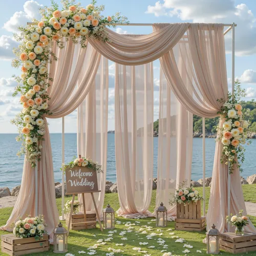 Vista 22 de Tela drapeada para arco de boda, 2 paneles de 18 pies, cortina de telón de fondo transparente azul bebé, cortina de gasa para boda, arco, ceremonia