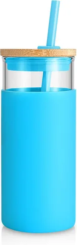 Vista 19 de Tronco Vaso de vidrio de 20 onzas con tapa y popote, taza de café helado y vaso para batido con tapas de bambú y funda protectora de silicona, apto