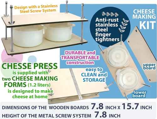 Vista 4 de Prensa de queso de madera para suministros de fabricación de queso, guías de metal de 16 pulgadas y 2 moldes de queso con pistón seguidor de 1.3