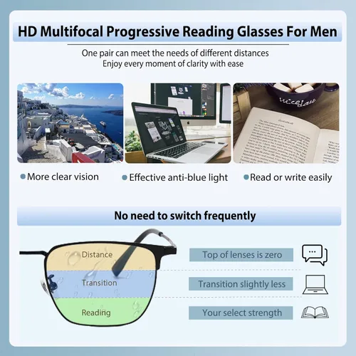 Vista 2 de Gafas de lectura fotocromáticas progresivas multifocales para hombres Lector de transición de luz azul Gafas de sol multifocales