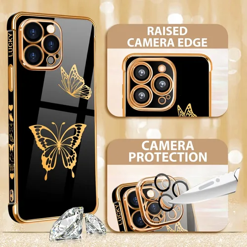 Vista 3 de Petitian Funda para iPhone 14 Pro Max, bonita funda de teléfono con diseño de mariposas para iPhone 14 Pro Max, cubierta de teléfono chapada en oro