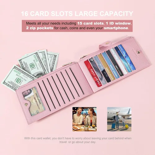 Vista 5 de Travelambo Billetera para mujer con bloqueo RFID plegable para múltiples tarjetas con bolsillo con cremallera, rosado (Pink Sakura), Minimalista