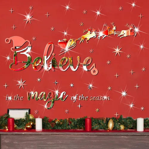 Vista 3 de Calcomanías Acrílicas de Pared de Navidad Pegatinas de Cita Believe Pegatinas de Espejo 3D DIY Pegatinas de Navidad Cristo Decoración de Pared Dorado