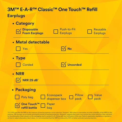 Vista 13 de 3M E-A-R Classic One Touch Refill 391-1001, botella de 500 pares de tapones desechables para los oídos, sin cable, clasificación de reducción