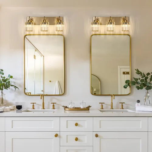 Vista 6 de Modernas luces de cristal para tocador de baño, 3 luces doradas, lámparas de baño sobre espejo, iluminación de pared de cristal con acabado de latón