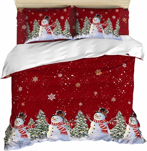 Vista 11 de Juego de funda de edredón Queen – Juego de funda de edredón de 4 piezas de muñeco de nieve azul, juegos de ropa de cama de árbol de Navidad
